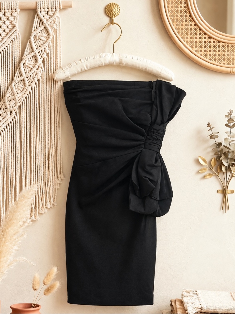 Vintage Daisy Bow Off The Shoulder Black Mini Dress